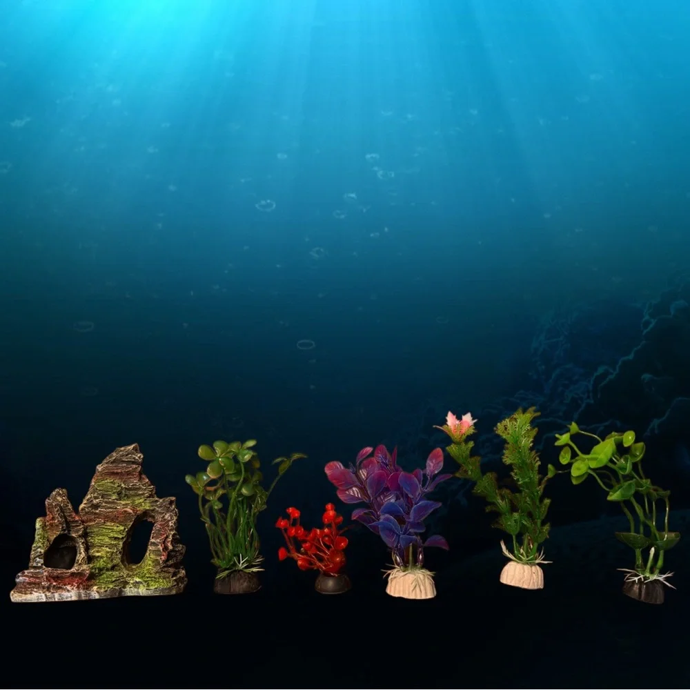 Aquarium Decor: Little Poly Resin Cave And 5 Soft Plastic Plants
